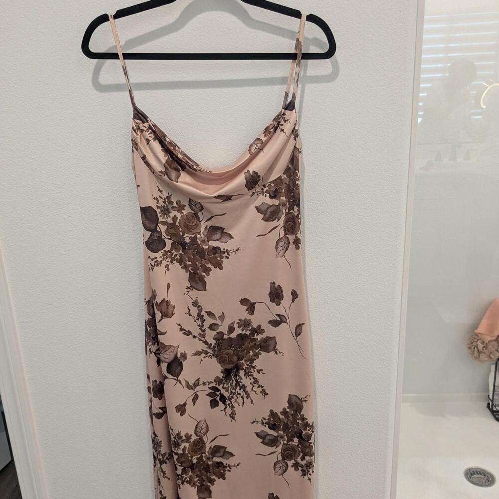 Floral Slip Midi Dress in Blush with Brown Print